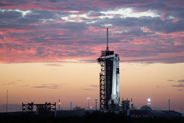 A SpaceX Falcon 9 rocket with the company s Crew Dragon spacecraft onboard is seen at sunset on the launch pad at Launch Complex 39A as preparations continue for the Crew-3 mission, on October 27, 2021, at NASA s Kennedy Space Center in Florida. NASA s SpaceX Crew-3 mission is the third crew rotation mission of the SpaceX Crew Dragon spacecraft and Falcon 9 rocket to the International Space Station as part of the agency s Commercial Crew Program. NASA astronauts Raja Chari, Tom Marshburn, Kayla Barron, and ESA (European Space Agency) astronaut Matthias Maurer are scheduled to launch on October 31 at 2:21 a.m. ET, from Launch Complex 39A at the Kennedy Space Center. NASA  WAX2021102707 JOELxKOWSKY