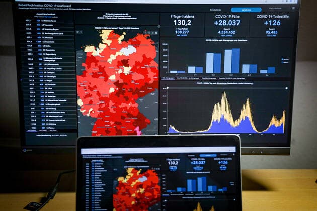Coronavirus in Germany Covid 19 Dashboard of the Robert Koch Institute 28 10 2021 Robert Koch Institute 7 days Incidence 130.2 7 days Number of cases 108 277 COVID 19 cases 4 534 452 Addition of 28 037 compared to the previous day COVID 19 deaths 95 485 Addition of 126 compared to the previous day