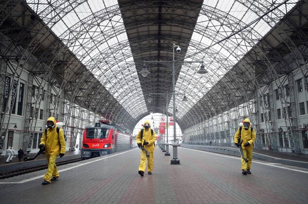 MOSCOW, RUSSIA â€“ OCTOBER 28, 2021: Employees of the Lider Centre for Special Risk Rescue Operations of Russia s Emergencies Ministry carry out disinfection procedures at the Kiyevsky railway station amid the COVID-19 pandemic. Mikhail Tereshchenko TASS  TS116105