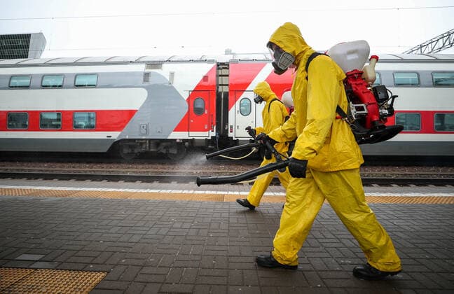 MOSCOW, RUSSIA â€“ OCTOBER 28, 2021: Employees of the Lider Centre for Special Risk Rescue Operations of Russia s Emergencies Ministry carry out disinfection procedures at the Kiyevsky railway station amid the COVID-19 pandemic. Mikhail Tereshchenko TASS  TS11610E