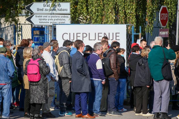 PXL_Vaccinations People are waiting in the line for vaccinations against the coronavirus disease (COVID-19) at Zagreb Fair, in Zagreb, Croatia, on October 28, 2021. MatijaxHabljak PIXSELL