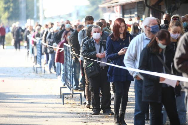PXL_Vaccinations People are waiting in the line for vaccinations against the coronavirus disease (COVID-19) at Zagreb Fair, in Zagreb, Croatia, on October 28, 2021. MatijaxHabljak PIXSELL