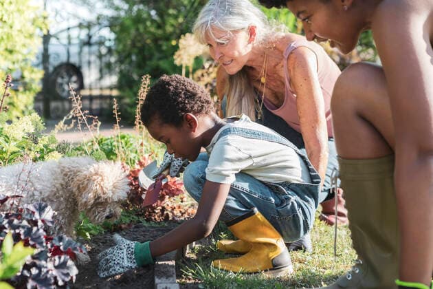 Multiracial family planting with dog at farm Sweden, Skane, model released, property released Copyright: xMaskotx , MA89297