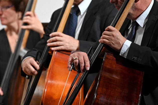 Concert of the orchestra of the Gesellschaft der Musikfreunde Gmunden, in the Toskana Kongress, in the context of the Salzkammergut Festwochen in Gmunden, on 30 10 21 The picture shows the playing hands of Bassgiegern 2021 Concert of the orchestra of the Gesellschaft der Musikfreunde Gmunden, in the Toskana Kongress, in the context of the Salzkammergut Festwochen in Gmunden, o