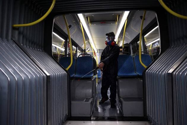 Russia Coronavirus Disinfection 6687008 02.11.2021 An employee disinfects the interior of a bus amid the coronavirus disease outbreak, in Kemerovo, Russia. Alexander Patrin Sputnik Kemerovo Russia  Copyright: xAlexanderxPatrinx