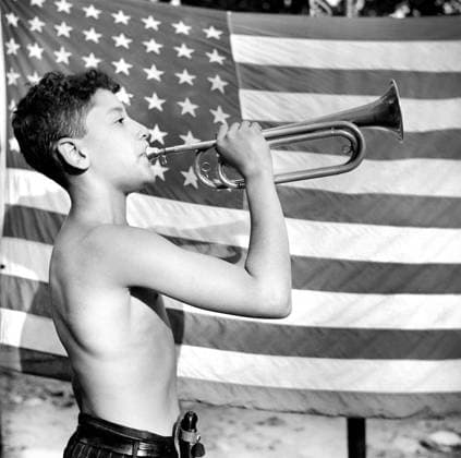 Young Boy playing Bugle during Mess Call at Camp Nathan Hale, Interracial Summer Camp where Children are aided by Methodist Camp Service, Southfields, New York, USA, Gordon Parks, U.S. Office of War Information, 1943  Copyright: xCircaxImagesx ghi-circa10122
