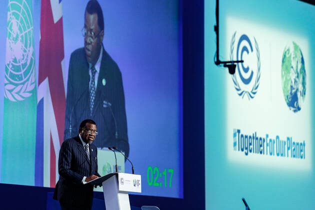 High Level Summit COP26 UN Climate Conference In Glasgow Hage G. Geingob, President of Namibia speaks during National Statements session in Cairn Gorm Plenary at the COP26 UN Climate Change Conference, held by UNFCCC inside the COP26 venue - Scottish Event Campus in Glasgow, Scotland on November 2, 2021. Heads of states arrived for a two day high level summit in Glasgow. COP26, running from October 31 to November 12 in Glasgow, will be the most significant climate conference since the 2015 Paris summit as the nations are expected to set new greenhouse gas emission targets in order to slow the global warming, as well as firming up other key commitments., 2021. Heads of states arrived for a two day high level summit in Glasgow. COP26, ru  Copyright: xDominikaxZarzyckax zarzycka-highleve211102_np1Lj