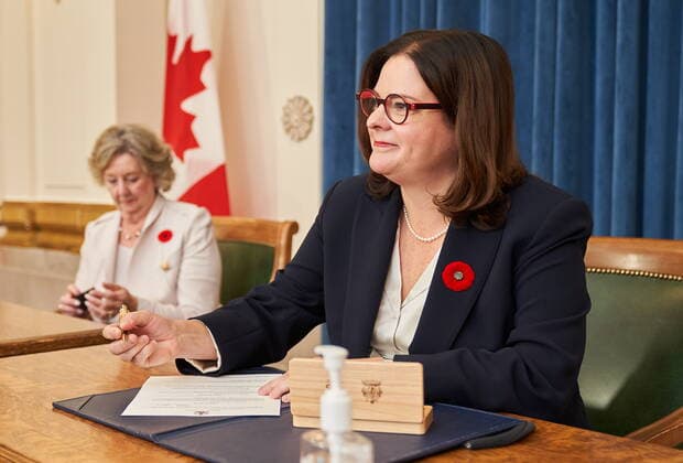 November 2, 2021, Winnipeg, MB, Canada: Heather Stefanson (right) is sworn in asÃ‚ Manitoba s 24th premier with Lieutenant Governor of Manitoba, Janice Filmon at theÃ‚ ManitobaÃ‚ Legislative Building inÃ‚ Winnipeg on Tuesday, November 2, 2021. Winnipeg Canada  - ZUMAc35_ 20211102_zaf_c35_112 Copyright: xDavidxLipnowskix