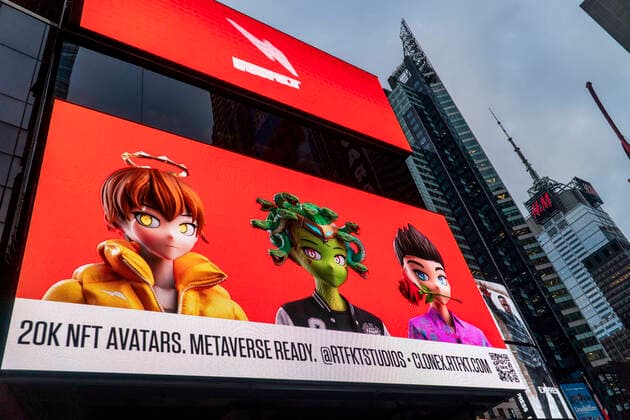 November 2, 2021, New York, NY, USA: Times Square. RTFKT is an eclectic, creator led organization. RTFKT uses the latest in game engines, NFT, blockchain authentication and augmented reality, combined with manufacturing expertise to create one of a kind sneakers and digital artifacts. New York USA - ZUMAm57_ 20211102_zaf_m57_001 Copyright: xJohnxMarshallxMantelx