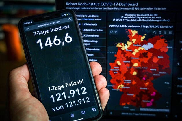 Coronavirus in Germany Covid 19 Dashboard of the Robert Koch Institute 03 11 2021 Robert Koch Institute 7 days Incidence 146.6 7 days Number of cases 121 912 COVID 19 cases 4 638 419 Addition of 20 398 compared to the previous day COVID 19 deaths 96 027 Addition of 194 compared to the previous day