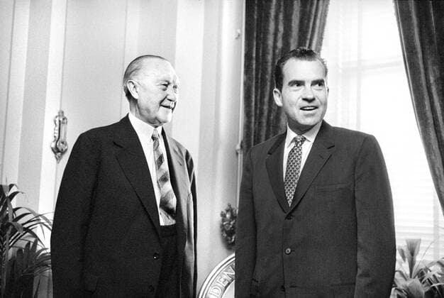 14, 2103, Washington, DC, USA: West German Chancellor Konrad Adenauer with U.S. Vice President Richard Nixon at the White House, Washington, D.C., USA, Marion S. Trikosko, US News & World Report Magazine Collection, May 28, 1959 Washington USA - ZUMAg145 21032314_zap_g145_001 Copyright: xJTxVintagex