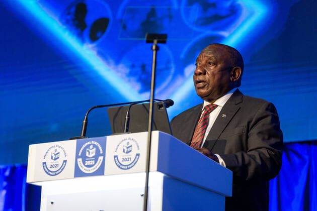 (211105) -- JOHANNESBURG, Nov. 5, 2021 -- South African President Cyril Ramaphosa speaks during the announcement of South Africa s local elections results in Pretoria, South Africa, Nov. 4, 2021. The Electoral Commission of South Africa announced the 2021 Local Government Elections results on Thursday with the ruling party African National Congress suffering big losses. (Photo by Xinhua) SOUTH AFRICA-LOCAL GOVERNMENT ELECTIONS-RESULTS Yeshiel 
