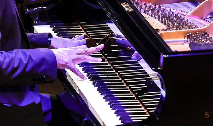 Concert by Vijay Iyer @ Pierre Boulez Saal Jazzfest Berlin The Vijay Iyer Trio feat Linda May Han Oh and Tyshawn Sorey Vijay Iyer piano Linda May Han Oh double bass Tyshawn Sorey drums