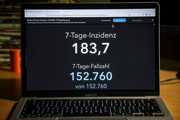 Coronavirus in Germany Covid 19 Dashboard of the Robert Koch Institute 06 11 2021 Robert Koch Institute 7 days Incidence 183.7 7 days Number of cases 152 760 COVID 19 cases 4 743 490 Addition of 34 002 compared to the previous day COVID 19 deaths 96 488 Addition of 142 compared to the previous day