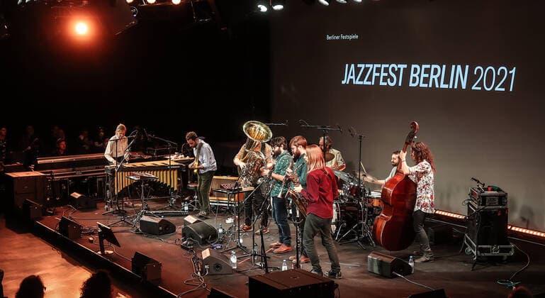 Concert by Maurice Louca @ silent green, Betonhalle , Jazzfest Berlin Maurice Louca™s Elephantine, Maurice Louca Guitar Tommaso Cappellato Drums, Percussion Özün Usta Drums, Percussion Els Vandeweyer Vibraphone Piero Bittolo Bon Alto Saxophone Daniel Gahrton Baritone Saxophone Rasmus Kjaergard Lund Tuba