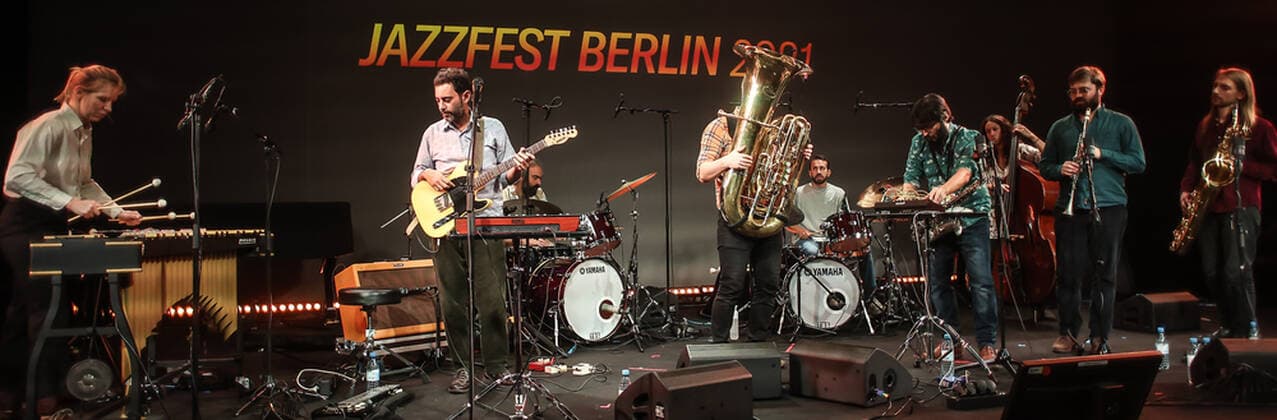Concert by Maurice Louca @ silent green, Betonhalle , Jazzfest Berlin Maurice Louca™s Elephantine, Maurice Louca Guitar Tommaso Cappellato Drums, Percussion Özün Usta Drums, Percussion Els Vandeweyer Vibraphone Piero Bittolo Bon Alto Saxophone Daniel Gahrton Baritone Saxophone Rasmus Kjaergard Lund Tuba