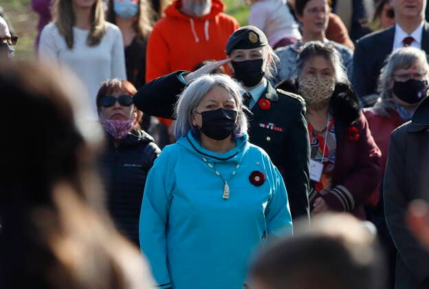 November 7, 2021, Ottawa, ON, Canada: Governor General Mary Simon listens to a choir sing the national anthem at an event to mark International Inuit Day and to rename a park in honour of deceased Inuk artist Annie Pootoogook in Ottawa on Sunday, November 7, 2021. Ottawa Canada  - ZUMAc35_ 20211107_zaf_c35_009 Copyright: xPatrickxDoylex