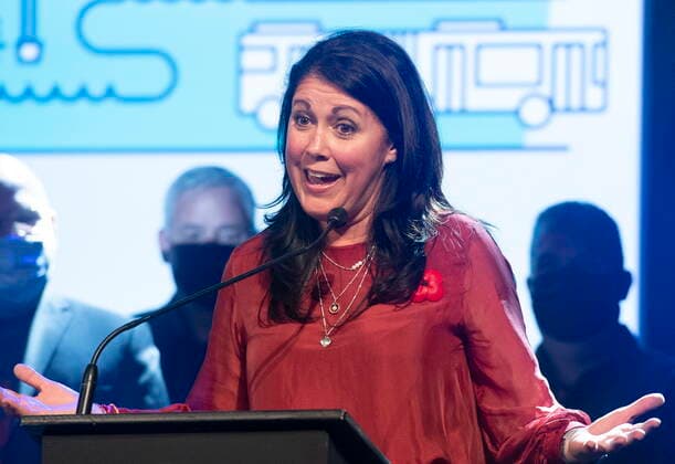 November 7, 2021, QUEBEC, PQ, Canada: Marie-Josee Savard reacts on stage during her speech after she was elected mayor of Quebec City, in Quebec City, Sunday, Nov. 7, 2021. QUEBEC Canada  - ZUMAc35_ 20211107_zaf_c35_103 Copyright: xJacquesxBoissinotx