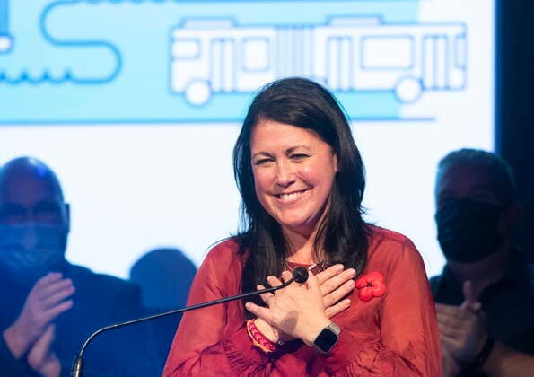 November 7, 2021, QUEBEC, PQ, Canada: Marie-Josee Savard reacts on stage during her speech after she was elected mayor of Quebec City, in Quebec City, Sunday, Nov. 7, 2021. QUEBEC Canada  - ZUMAc35_ 20211107_zaf_c35_105 Copyright: xJacquesxBoissinotx