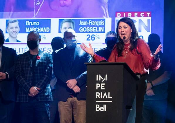 November 7, 2021, QUEBEC, PQ, Canada: Marie-Josee Savard, right, reacts on stage during her speech after she was elected mayor of Quebec City, in Quebec City, Sunday, Nov. 7, 2021. QUEBEC Canada - ZUMAc35_ 20211107_zaf_c35_106 Copyright: xJacquesxBoissinotx