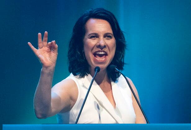 November 7, 2021, Montreal, PQ, Canada: Montreal Mayor Valerie Plante speaks to supporters after being re-elected, in Montreal, Sunday, Nov. 7, 2021. Montreal Canada  - ZUMAc35_ 20211107_zaf_c35_116 Copyright: xRyanxRemiorzx