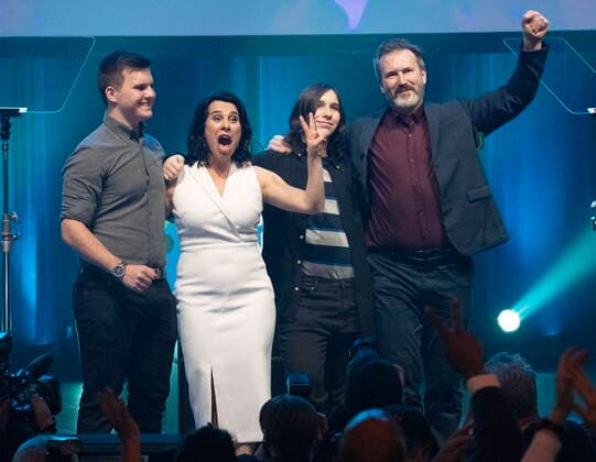 November 7, 2021, Montreal, PQ, Canada: Montreal Mayor Valerie Plante and her husband, Pierre-Antoine Harvey, and children wave to supporters after being re-elected, in Montreal, Sunday, Nov. 7, 2021. Montreal Canada - ZUMAc35_ 20211107_zaf_c35_120 Copyright: xRyanxRemiorzx