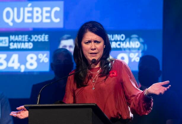 November 7, 2021, QUEBEC, PQ, Canada: Marie-Josee Savard reacts during her speech at her party headquarters, in Quebec City, Sunday, Nov. 7, 2021. Savard had been confirmed elected and as the ballots were still being counted, she came to a tie and fell behind. QUEBEC Canada  - ZUMAc35_ 20211107_zaf_c35_130 Copyright: xJacquesxBoissinotx
