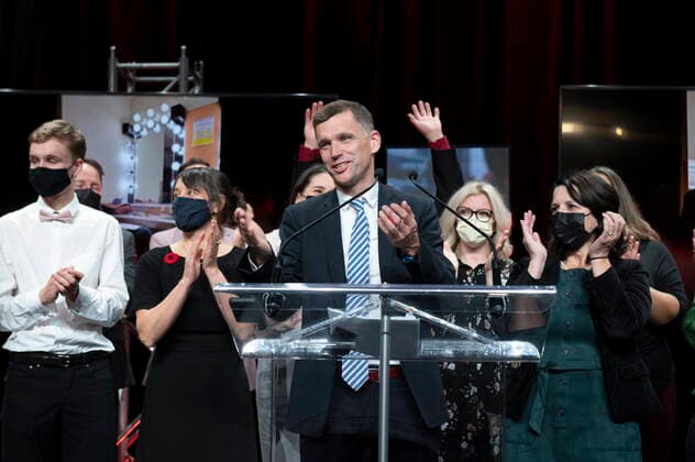 November 8, 2021, QUEBEC, PQ, Canada: Bruno Marchand of the Forte et Fiere party reacts after he was declared winner of the municipal election of Quebec City, in Quebec City, Sunday, Nov. 7, 2021. Marchand won over Marie-Josee Savard in a very tight race. QUEBEC Canada  - ZUMAc35_ 20211108_zaf_c35_002 Copyright: xJacquesxBoissinotx