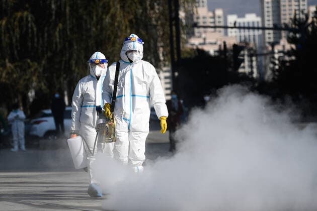 (211108) -- XINING, Nov. 8, 2021 -- Staff members spray disinfectant at a testing site in Chengxi District of Xining, northwest China s Qinghai Province, Nov. 8, 2021. Xining started its second round of mass nucleic acid testing at 9 a.m. on Monday. As of Nov. 7, Xining finished the first round of testing, and all swab samples from 1,448,000 citizens came back negative. ) CHINA-QINGHAI-XINING-COVID-19-NUCLEIC ACID-TEST (CN) ZhangxLong 