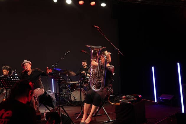 Concert by Dave Douglas @Silent Green, Betonhalle , Jazzfest Berlin Dave Douglas trumpet, vocals, composition, Tomeka Reid cello, vocals Marta Warelis piano, case organ, vocals Berlinde Deman tuba, serpent, vocals Frederik Leroux guitars, oud, banjo, vocals Antoine Pierre drums, electronics