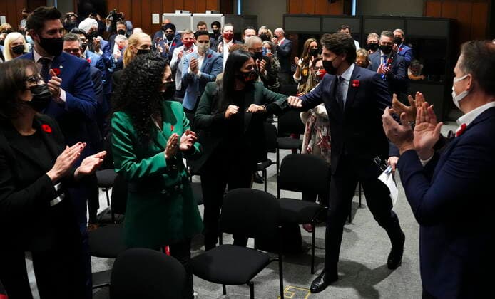 November 8, 2021, Ottawa, ON, Canada: Prime Minister Justin Trudeau arrives to a caucus meeting on Parliament Hill in Ottawa on Monday, Nov. 8, 2021. Ottawa Canada  - ZUMAc35_ 20211108_zaf_c35_026 Copyright: xSeanxKilpatrickx