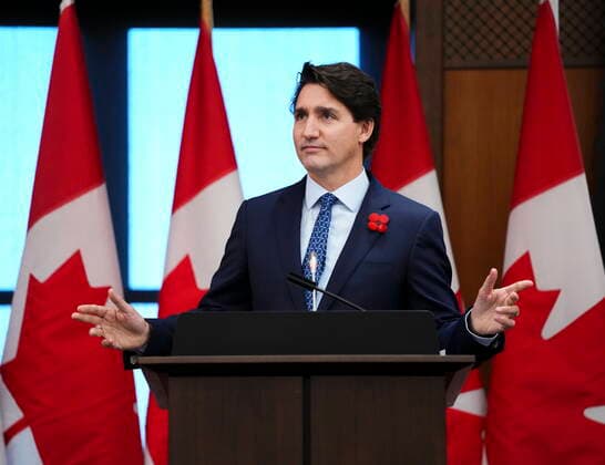 November 8, 2021, Ottawa, ON, Canada: Prime Minister Justin Trudeau speaks during a caucus meeting on Parliament Hill in Ottawa on Monday, Nov. 8, 2021. Ottawa Canada  - ZUMAc35_ 20211108_zaf_c35_027 Copyright: xSeanxKilpatrickx
