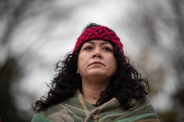 November 8, 2021, North Vancouver, BC, Canada: Pfc. Celina Dorame, a Tsleil-Waututh Nation member who was born in California and served with the U.S. Army, listens during a ceremony held by the First Nation to mark Indigenous Veterans Day, in North Vancouver, B.C., Monday, Nov. 8, 2021. Veterans Affairs Canada estimates that more than 12,000 First Nations, Inuit and Metis served during the First and Second World Wars and the Korean War. North Vancouver Canada - ZUMAc35_ 20211108_zaf_c35_108 Copyright: xDarrylxDyckx