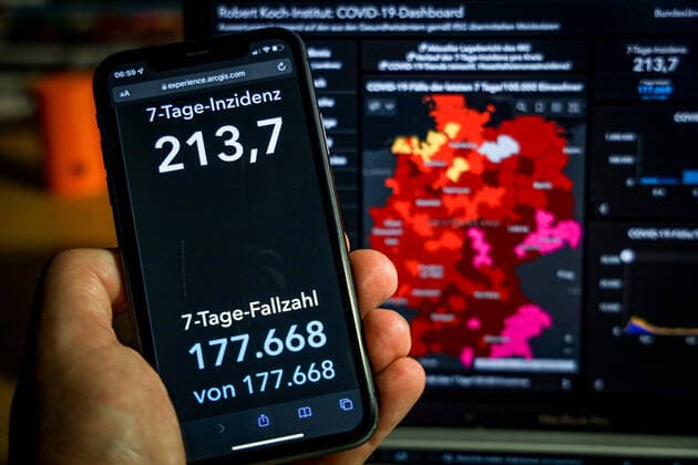 Coronavirus in Germany Covid 19 Dashboard of the Robert Koch Institute 09 11 2021 Robert Koch Institute 7 days Incidence 213.7 7 days Number of cases 177 668 COVID 19 cases 4 804 378 Addition of 21 832 compared to previous day COVID 19 deaths 96 727 Addition of 169 compared to previous day