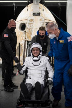 November 8, 2021, Pensacola, Florida, USA: NASA astronaut Shane Kimbrough is seen after being helped out of the SpaceX Crew Dragon Endeavour spacecraft onboard the SpaceX GO Navigator recovery ship after he and NASA astronaut Megan McArthur, Japan Aerospace Exploration Agency (JAXA) astronaut Aki Hoshide, and ESA (European Space Agency) astronaut Thomas Pesquet landed in the Gulf of Mexico off the coast of Pensacola, Florida, Monday, Nov. 8, 2021. NASA™s SpaceX Crew-2 mission is the second operational mission of the SpaceX Crew Dragon spacecraft and Falcon 9 rocket to the International Space Station as part of the agency™s Commercial Crew Program. .Mandatory Credit: NASA via CNP Pensacola USA - ZUMAs152 20211108_zaa_s152_088 Copyright: xAubreyxGemignanix
