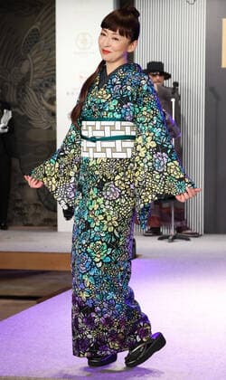 November 9, 2021, Tokyo, Japan - Japanese actress Yasuko Matsuyuki displays kimono as she receives the first Kimonoist award for the promotion of Japanese traditional dresses in Tokyo on Tuesday, November 9 2021.  (173989350)