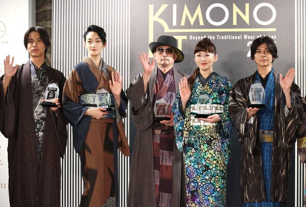 November 9, 2021, Tokyo, Japan - (L-R) Japanese actor Taishi Nakagawa, model Ai Tominaga, musician Ken Yokoyama, actress Yasuko Matsuyuki and actor Shinji Takeda display their kimono dresses as they receive the first Kimonoist award in Tokyo on Tuesday, November 9 2021.  (173989362)