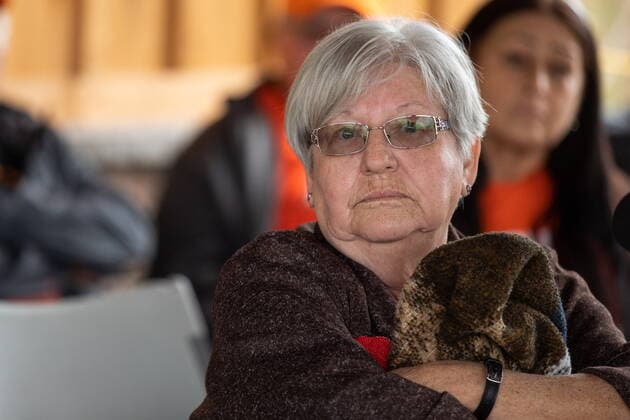 November 9, 2021, Brantford, ON, Canada: Dawn Hill, Residential School Survivor, listens to remarks on the site of former Indian Residential School, the Mohawk Institute, as phase one of a ground search begins for unmarked graves on the 500 acres of the lands in Brantford, Ont., Tuesday, November 9, 2021. Brantford Canada - ZUMAc35_ 20211109_zaf_c35_013 Copyright: xNickxIwanyshynx