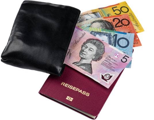Wallet, German passport and Australian dollars billfold, German passport and Australian dollars BLWS656315 Copyright: xblickwinkel McPHOTO B.xLeitnerx