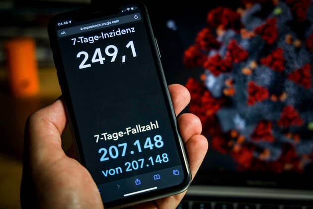 Coronavirus in Germany Covid 19 Dashboard of the Robert Koch Institute 11 11 2021 Robert Koch Institute 7 days Incidence 249.1 7 days Number of cases 207 148 COVID 19 cases 4 894 250 Addition of 50 196 compared to previous day COVID 19 deaths 97 198 Addition of 235 compared to previous day
