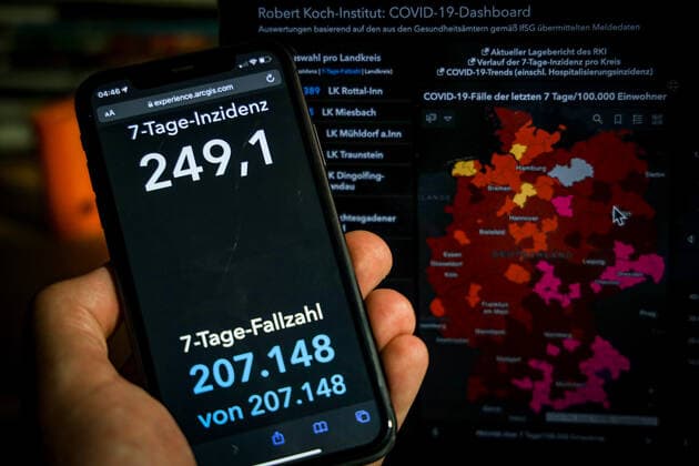 Coronavirus in Germany Covid 19 Dashboard of the Robert Koch Institute 11 11 2021 Robert Koch Institute 7 days Incidence 249.1 7 days Number of cases 207 148 COVID 19 cases 4 894 250 Addition of 50 196 compared to previous day COVID 19 deaths 97 198 Addition of 235 compared to previous day