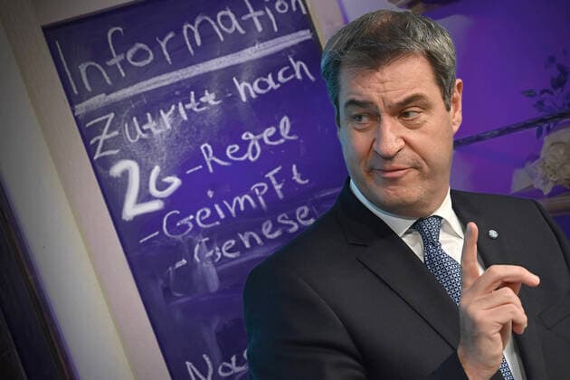 Markus SOEDER Ministerpraesident Bavaria and CSU chairman for nationwide 2G rule Corona pandemic in Germany Board at the entrance to a Greek restaurant Implementation of the 2G rule Access only for vaccinated and recovered 2G rule, vaccinated, recovered, proof required