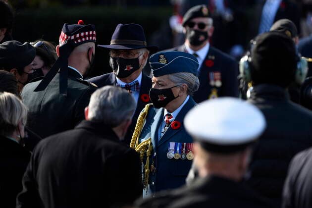 November 11, 2021, Ottawa, ON, CAN: Gov. Gen. Mary Simon greets veterans during the National Remembrance Day Ceremony at the National War Memorial in Ottawa, on Thursday, Nov. 11, 2021. Ottawa CAN  - ZUMAc35_ 20211111_zaf_c35_108 Copyright: xJustinxTangx