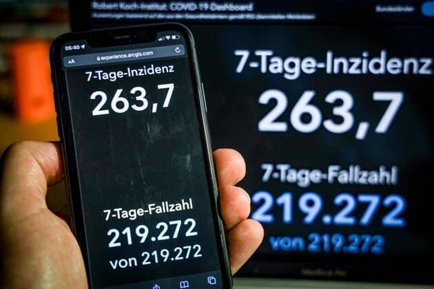 Coronavirus in Germany Covid 19 Dashboard of the Robert Koch Institute 12 11 2021 Robert Koch Institute 7 days Incidence 263.7 7 days Number of cases 219 272 COVID 19 cases 4 942 890 Addition of 48 640 compared to the previous day COVID 19 deaths 97 389 Addition of 191 compared to the previous day