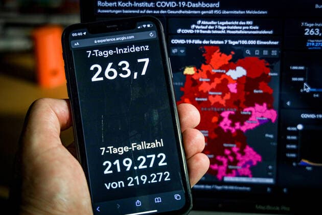 Coronavirus in Germany Covid 19 Dashboard of the Robert Koch Institute 12 11 2021 Robert Koch Institute 7 days Incidence 263.7 7 days Number of cases 219 272 COVID 19 cases 4 942 890 Addition of 48 640 compared to the previous day COVID 19 deaths 97 389 Addition of 191 compared to the previous day