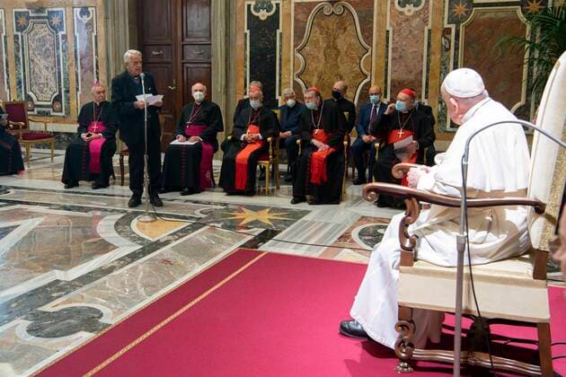 Italy, Rome, Vatican, 2021 11 13. Pope Francis during the awarding of the Ratzinger Prize at the Vatican. Photograph by Vatican Media Catholic Press Photo Hans Lucas. RESTRICTED TO EDITORIAL USE - NO MARKETING - NO ADVERTISING CAMPAIGNS.  Copyright: xVATICANxMEDIAx xIPAx xVaticanxMediax