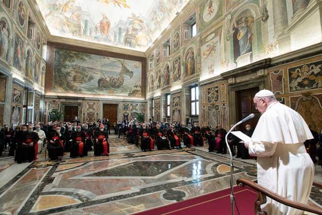 Italy, Rome, Vatican, 2021 11 13. Pope Francis during the awarding of the Ratzinger Prize at the Vatican. Photograph by Vatican Media Catholic Press Photo Hans Lucas. RESTRICTED TO EDITORIAL USE - NO MARKETING - NO ADVERTISING CAMPAIGNS.  Copyright: xVATICANxMEDIAx xIPAx xVaticanxMediax