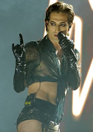 Damiano David of Maneskin performs at the MTV Europe Music Awards in Budapest, Hungary on Sunday, November 14, 2021.  HUN20211114043 SVENxHOOGERHUIS