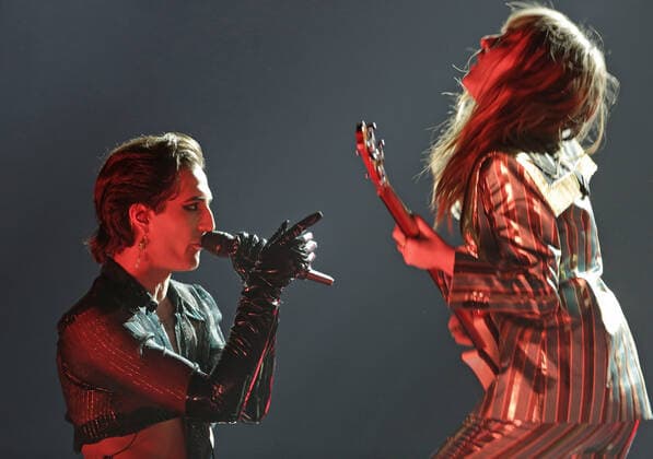 Damiano David of Maneskin performs at the MTV Europe Music Awards in Budapest, Hungary on Sunday, November 14, 2021.  HUN20211114050 SVENxHOOGERHUIS