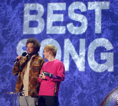 Ed Sheeran (R) accepts the award for Best Song at the MTV Europe Music Awards in Budapest, Hungary on Sunday, November 14, 2021.  HUN20211114055 SVENxHOOGERHUIS